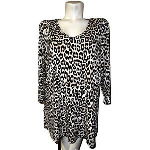 CHICO'S Top Size L (2) Tan Black Animal Print V-Neck 3/4 Sleeve Tunic Shirt